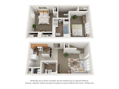Floor plan for 2 beds, 1.5 baths, 1000 sqft
